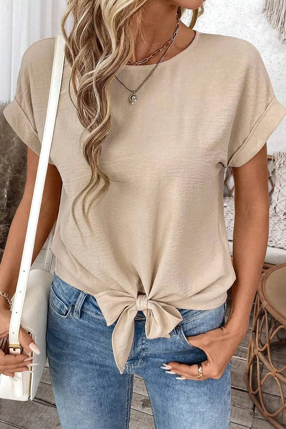 Grateful Threads Boutique Parchment Knotted Hem Short Sleeve Blouse – Effortless Chic Style - Blouses Parchment Solid Color Knotted Hem Short Sleeve Blouse
