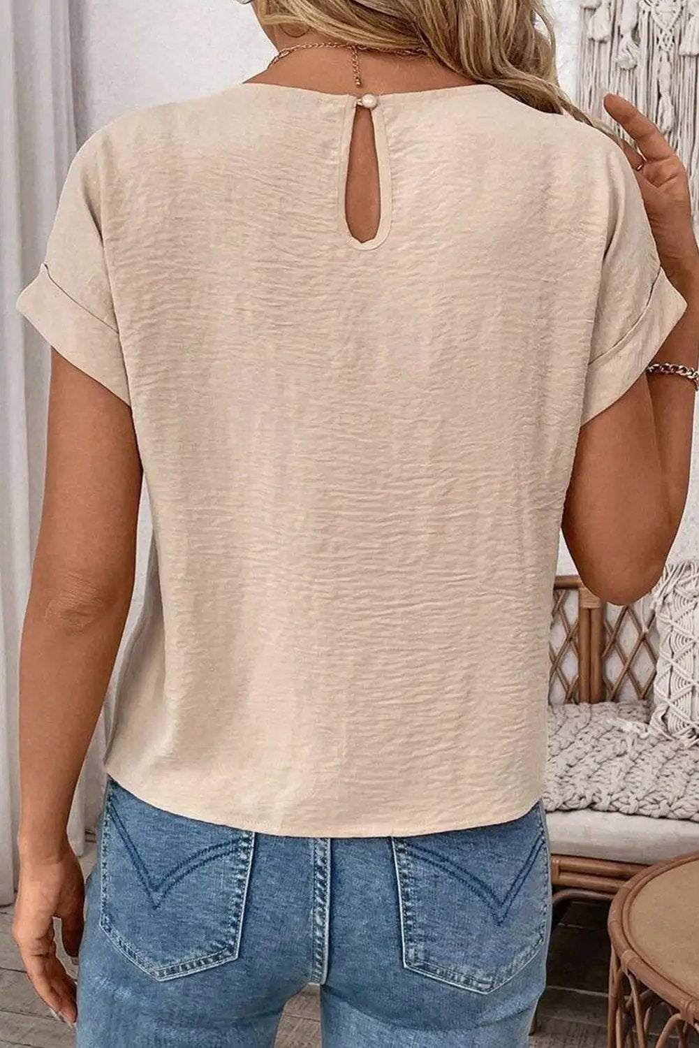 Grateful Threads Boutique Parchment Knotted Hem Short Sleeve Blouse – Effortless Chic Style - Blouses Parchment Solid Color Knotted Hem Short Sleeve Blouse