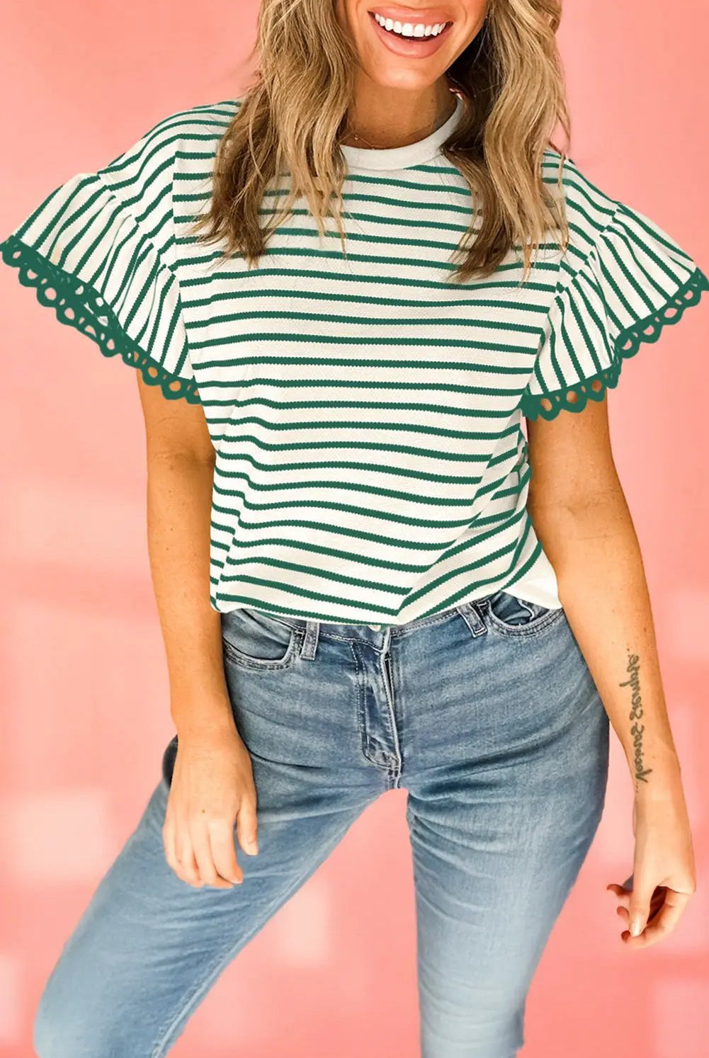 Grateful Threads Boutique Green Stripe Scallop Lace Trim Ruffle Short Sleeves Crewneck Top - Blouses Green Stripe Scallop Lace Trim Ruffle Short Sleeves Crewneck Top