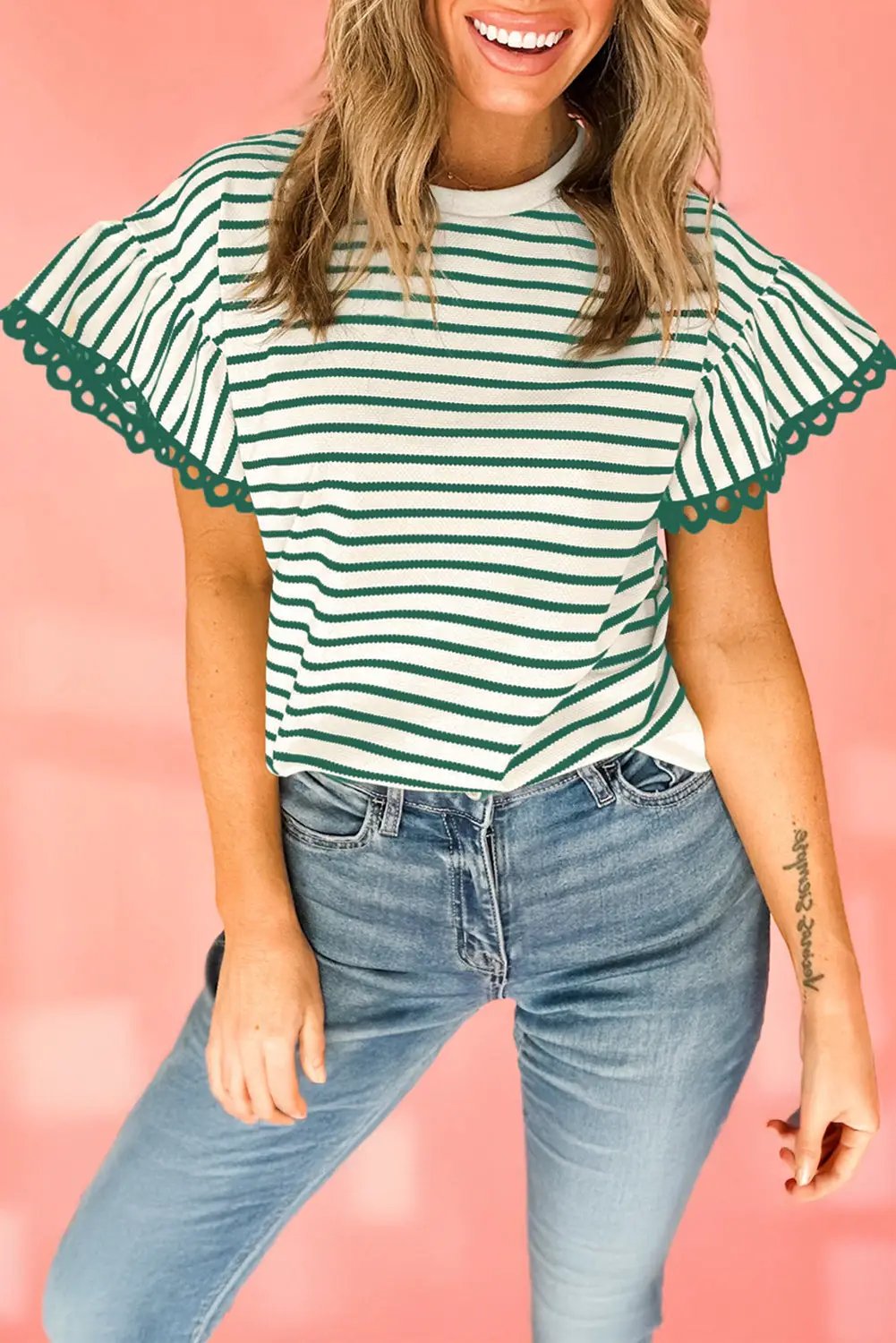 Grateful Threads Boutique Green Stripe Scallop Lace Trim Ruffle Short Sleeves Crewneck Top - Blouses Green Stripe Scallop Lace Trim Ruffle Short Sleeves Crewneck Top