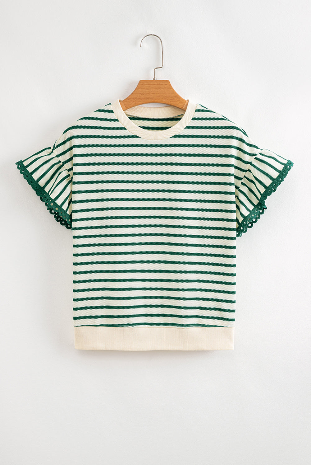 Grateful Threads Boutique Green Stripe Scallop Lace Trim Ruffle Short Sleeves Crewneck Top - Blouses Green Stripe Scallop Lace Trim Ruffle Short Sleeves Crewneck Top