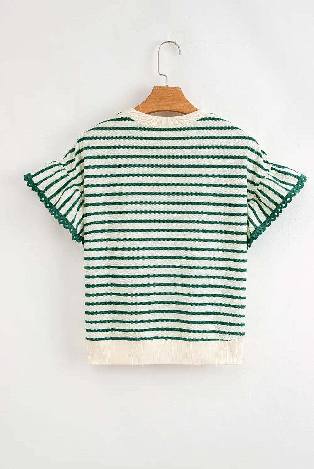 Grateful Threads Boutique Green Stripe Scallop Lace Trim Ruffle Short Sleeves Crewneck Top - Blouses Green Stripe Scallop Lace Trim Ruffle Short Sleeves Crewneck Top
