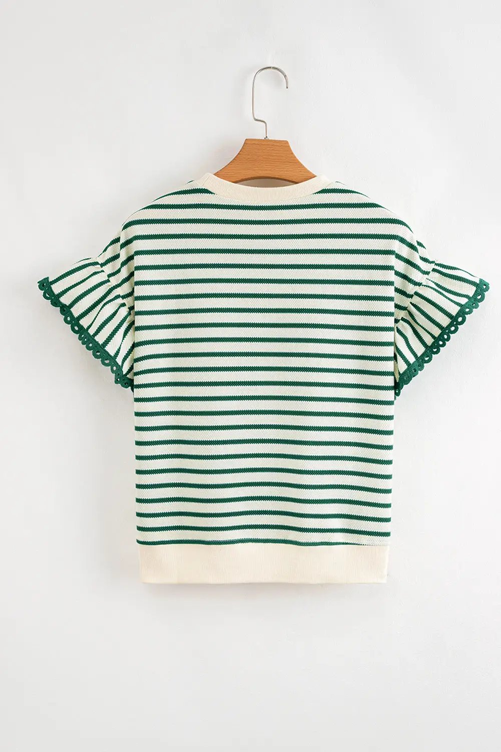 Grateful Threads Boutique Green Stripe Scallop Lace Trim Ruffle Short Sleeves Crewneck Top - Blouses Green Stripe Scallop Lace Trim Ruffle Short Sleeves Crewneck Top