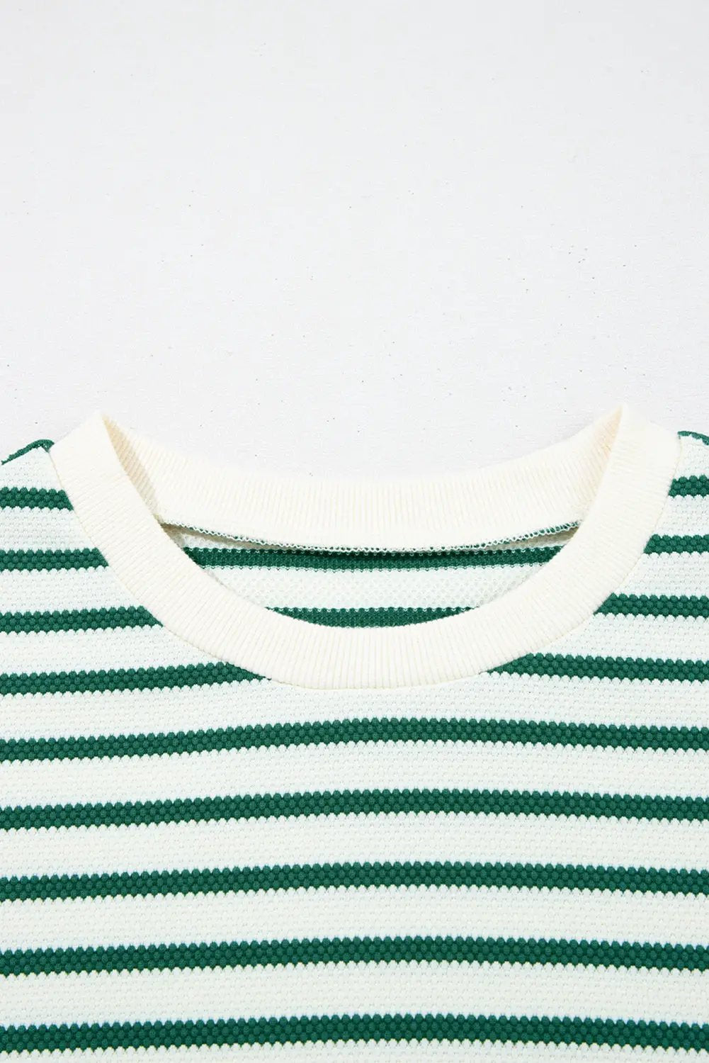 Grateful Threads Boutique Green Stripe Scallop Lace Trim Ruffle Short Sleeves Crewneck Top - Blouses Green Stripe Scallop Lace Trim Ruffle Short Sleeves Crewneck Top