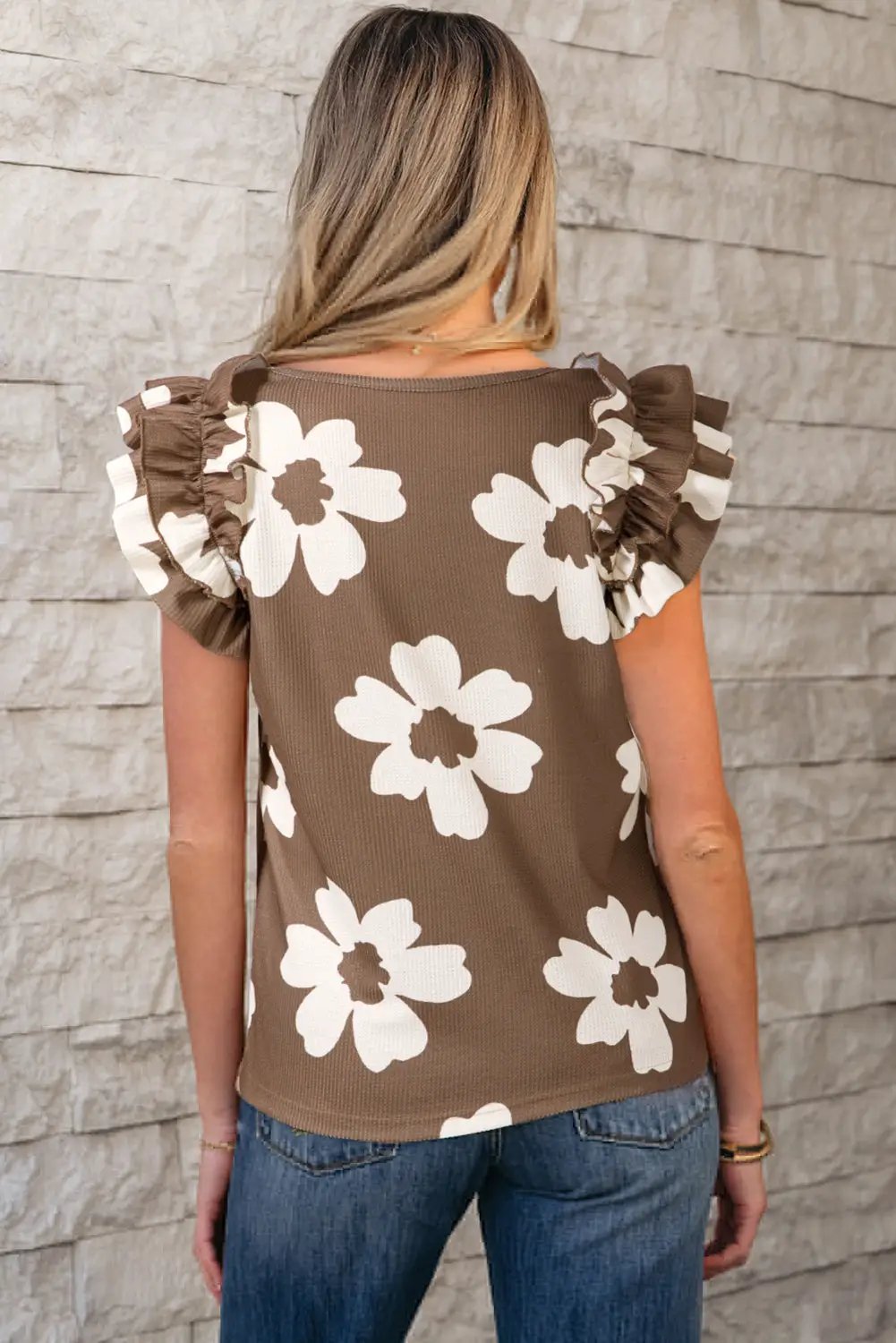 Grateful Threads Boutique Brown Floral Textured Ruffled Short Sleeve Square Neck Blouse - Blouses Brown Floral Textured Ruffled Short Sleeve Square Neck Blouse