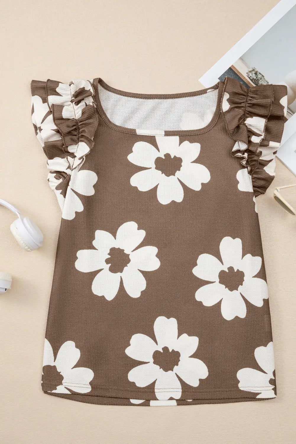Grateful Threads Boutique Brown Floral Textured Ruffled Short Sleeve Square Neck Blouse - Blouses Brown Floral Textured Ruffled Short Sleeve Square Neck Blouse