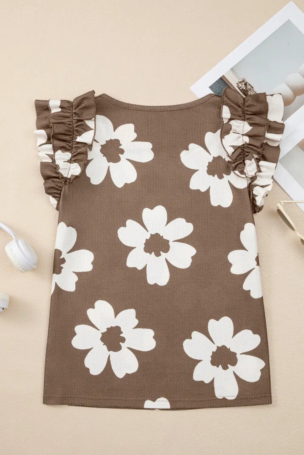 Grateful Threads Boutique Brown Floral Textured Ruffled Short Sleeve Square Neck Blouse - Blouses Brown Floral Textured Ruffled Short Sleeve Square Neck Blouse