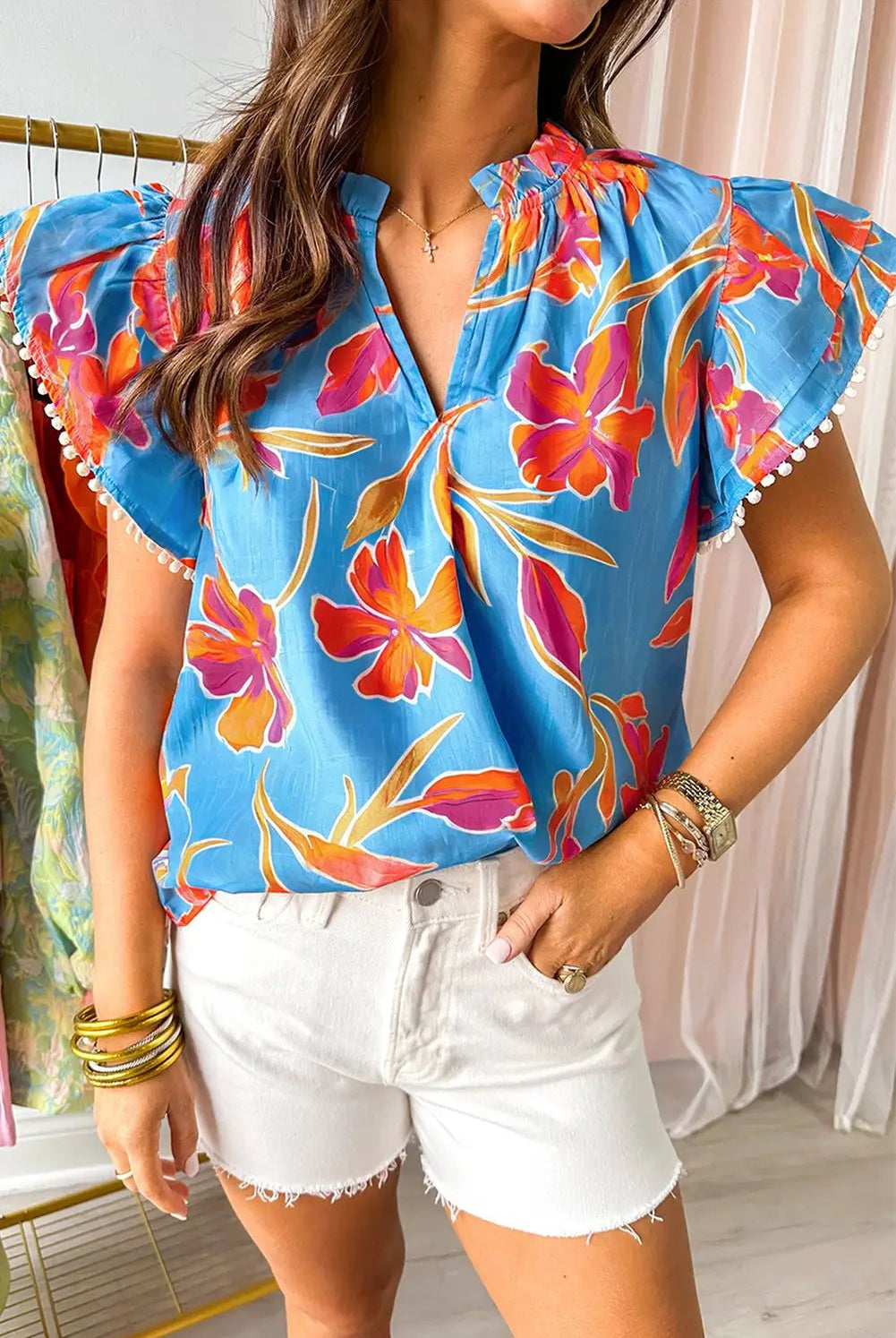 Grateful Threads Boutique Floral Print V Neck Pompom Trim Flutter Sleeve Blouse - Blouses floral print v neck flutter sleeve blouse