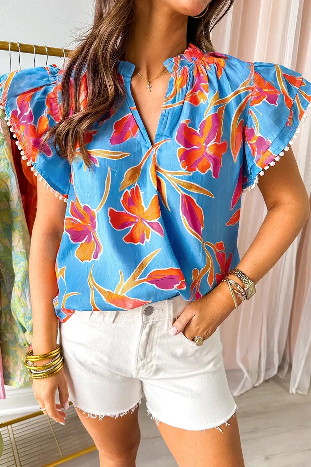 Grateful Threads Boutique Floral Print V Neck Pompom Trim Flutter Sleeve Blouse - Blouses floral print v neck flutter sleeve blouse