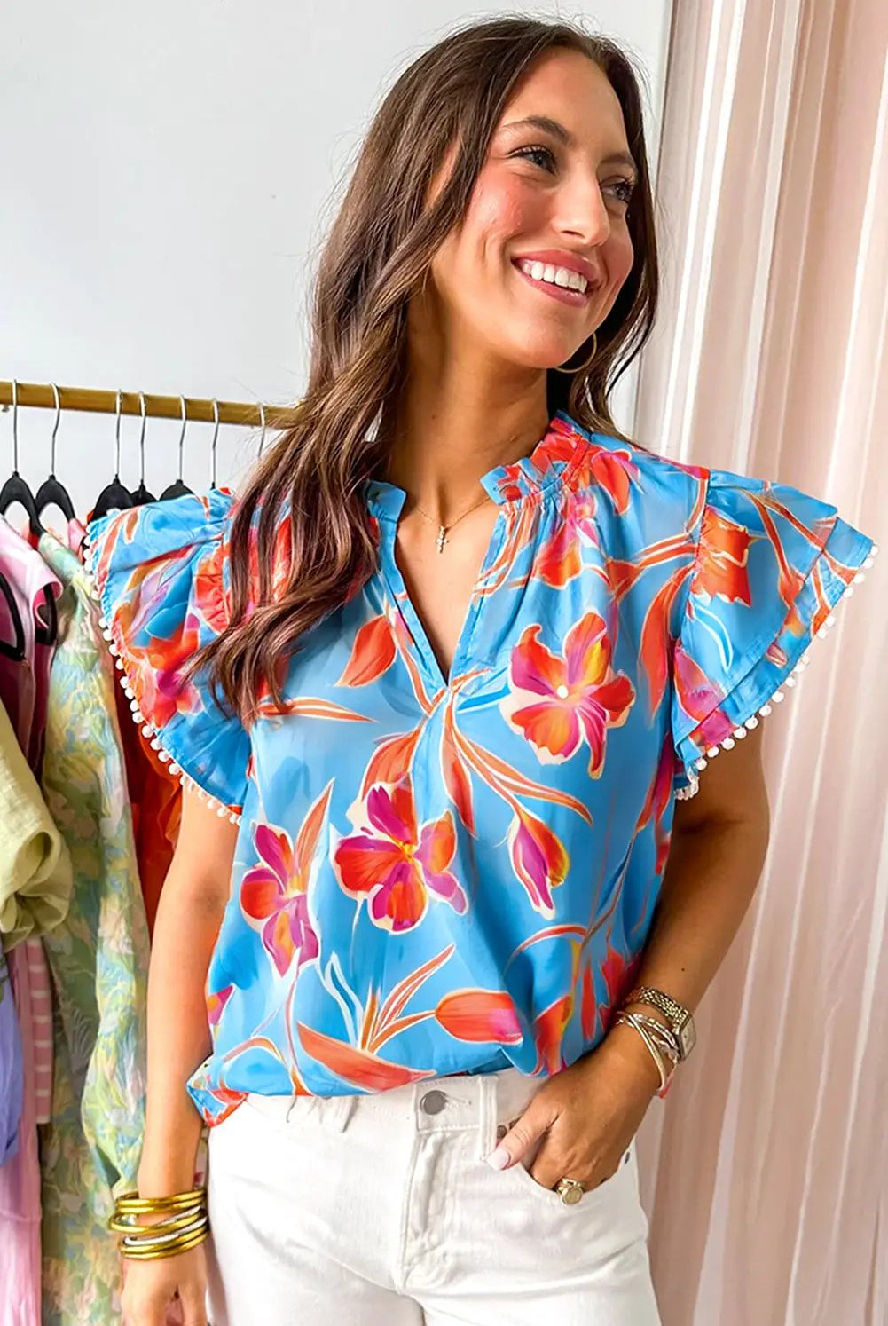 Grateful Threads Boutique Floral Print V Neck Pompom Trim Flutter Sleeve Blouse - Blouses floral print v neck flutter sleeve blouse