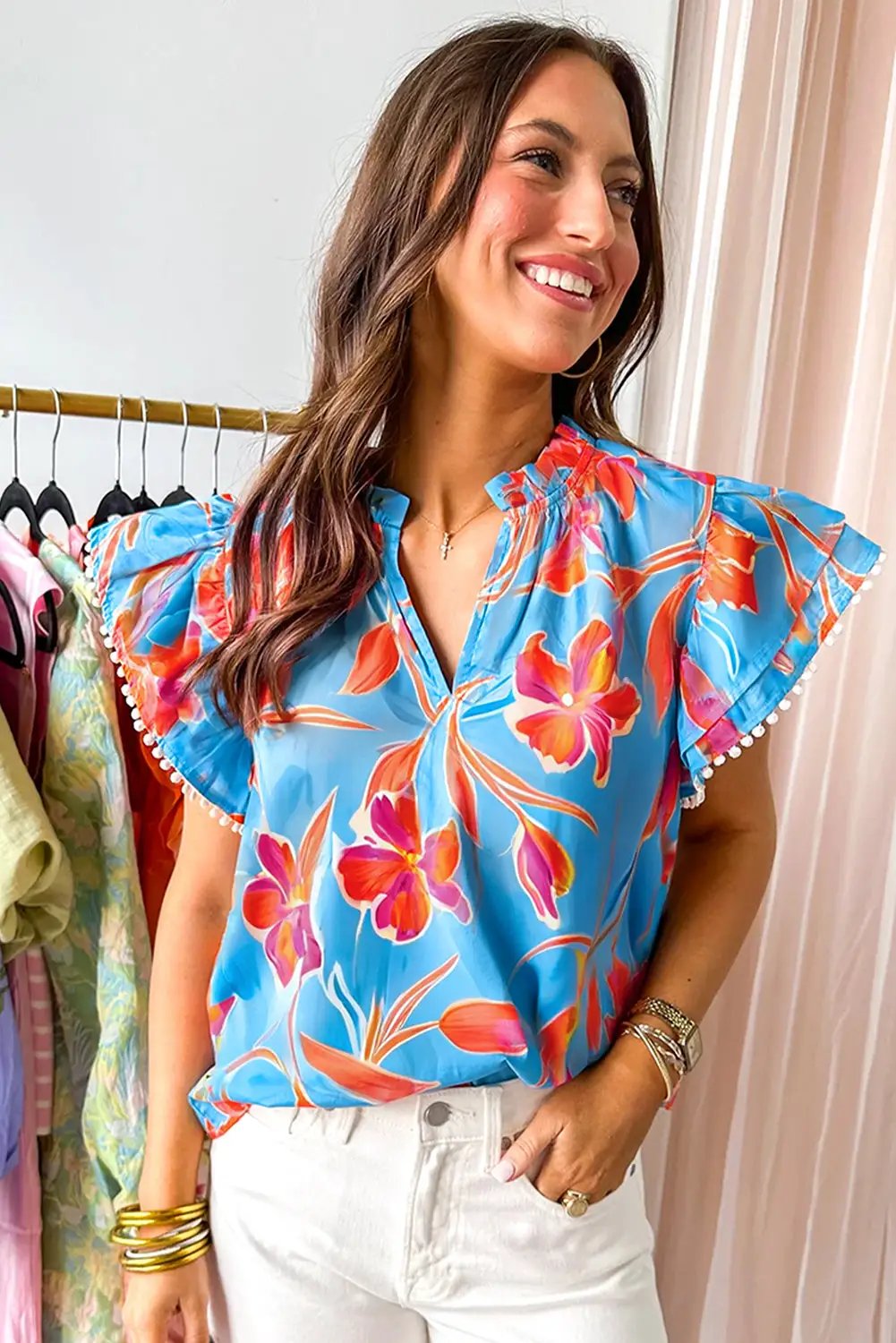 Grateful Threads Boutique Floral Print V Neck Pompom Trim Flutter Sleeve Blouse - Blouses floral print v neck flutter sleeve blouse