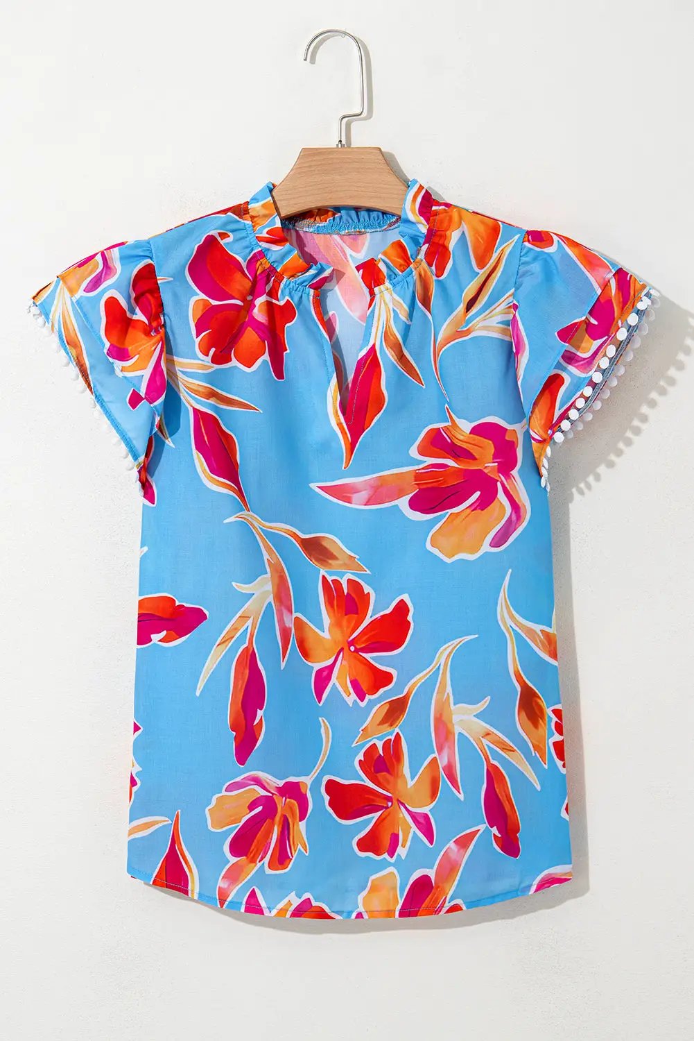 Grateful Threads Boutique Floral Print V Neck Pompom Trim Flutter Sleeve Blouse - Blouses floral print v neck flutter sleeve blouse