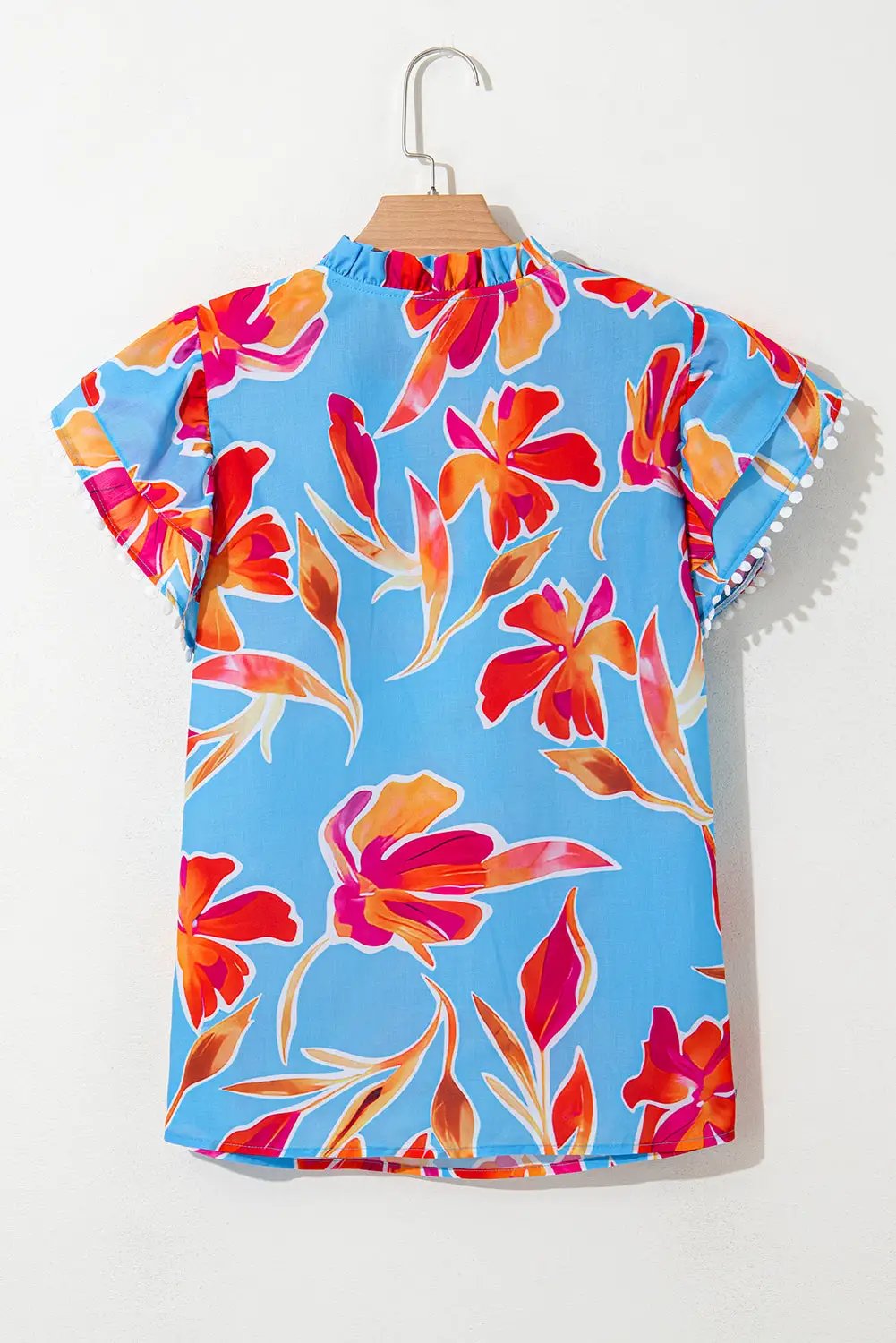 Grateful Threads Boutique Floral Print V Neck Pompom Trim Flutter Sleeve Blouse - Blouses floral print v neck flutter sleeve blouse