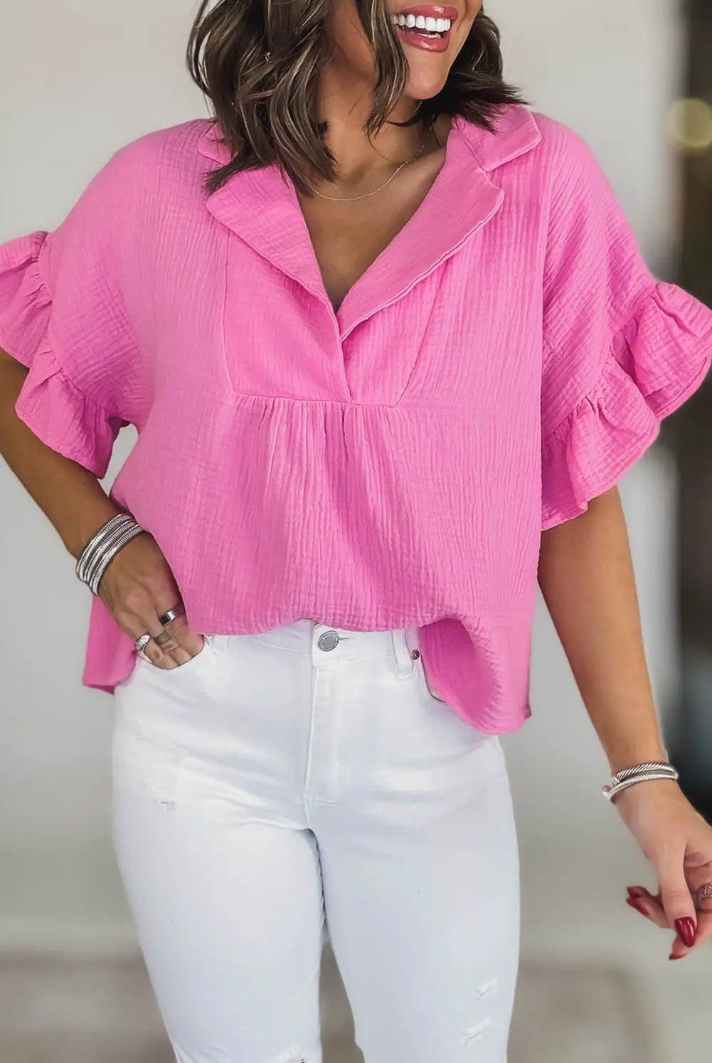 Grateful Threads Boutique Sachet Pink Textured Ruffled Sleeve Loose Fit Top - Blouses Sachet Pink Textured Ruffled Sleeve Loose Fit Top