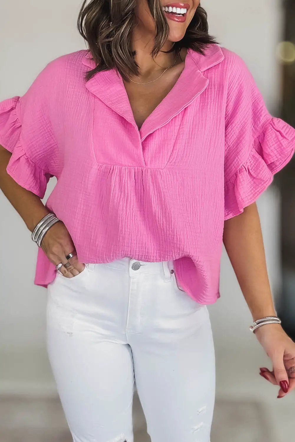 Grateful Threads Boutique Sachet Pink Textured Ruffled Sleeve Loose Fit Top - Blouses Sachet Pink Textured Ruffled Sleeve Loose Fit Top