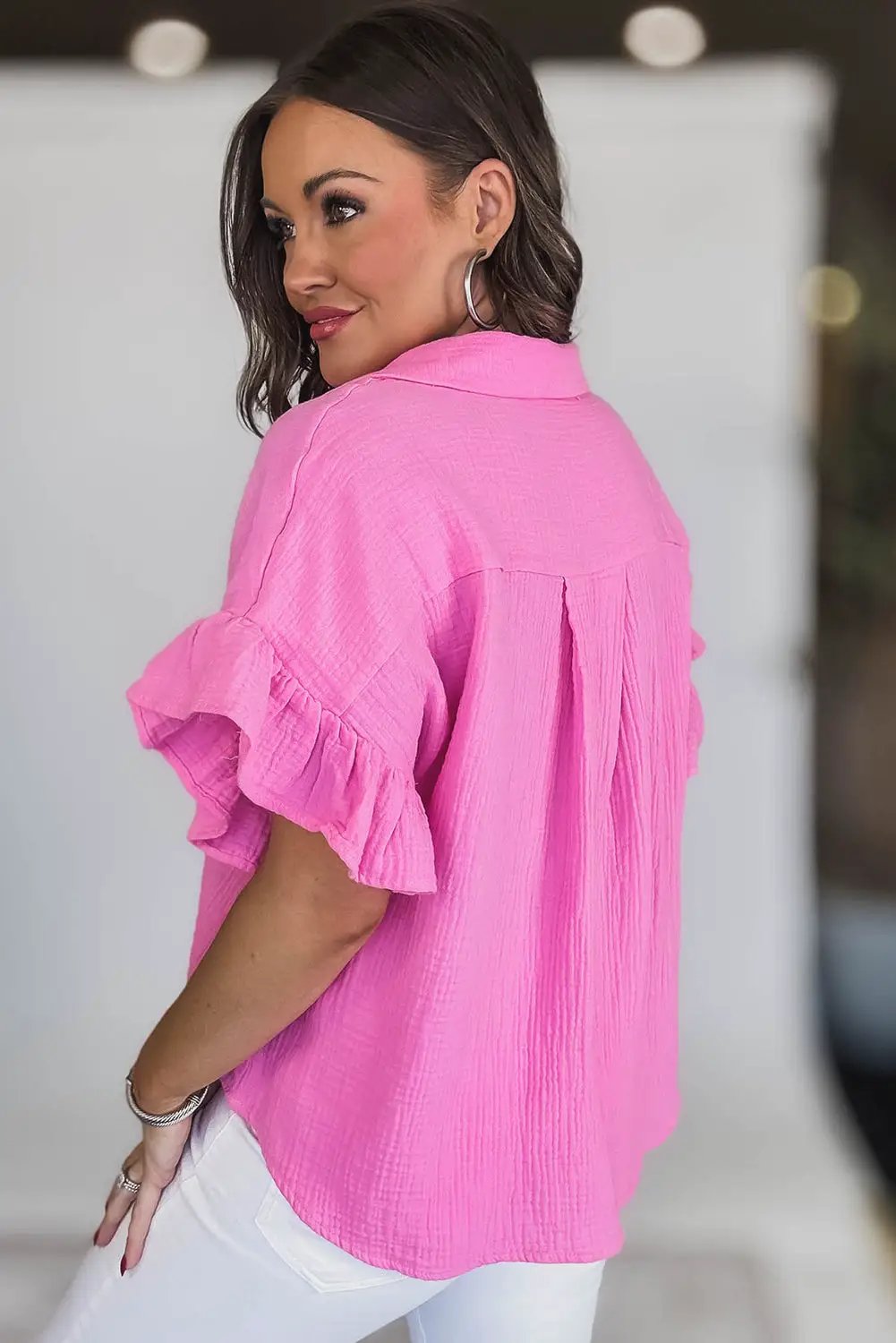 Grateful Threads Boutique Sachet Pink Textured Ruffled Sleeve Loose Fit Top - Blouses Sachet Pink Textured Ruffled Sleeve Loose Fit Top