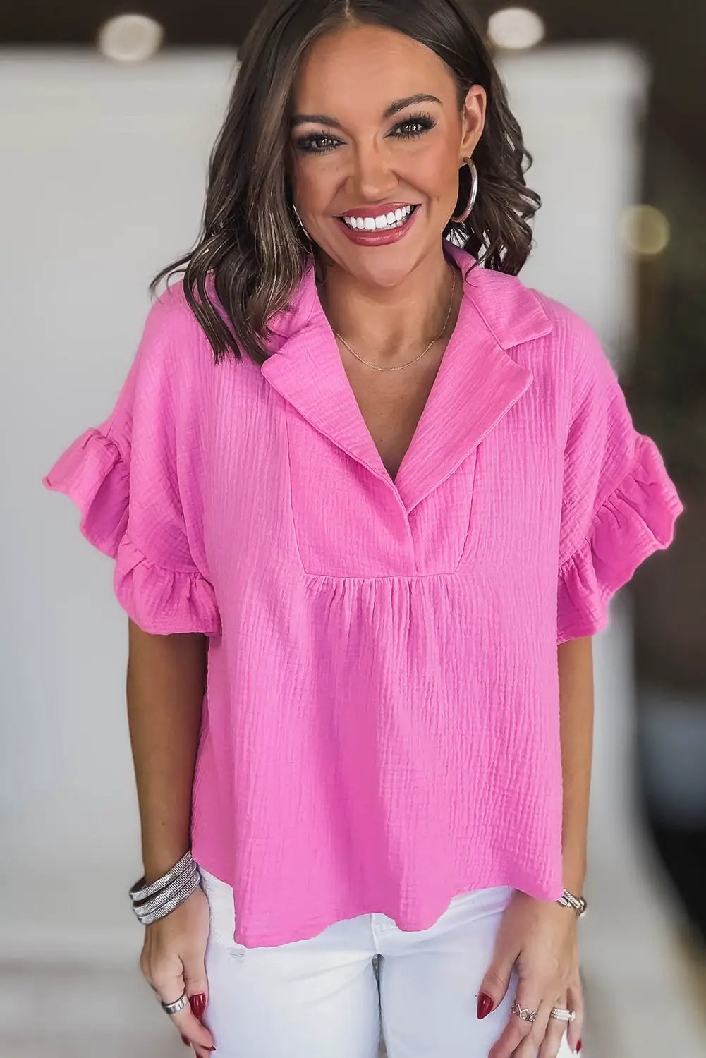 Grateful Threads Boutique Sachet Pink Textured Ruffled Sleeve Loose Fit Top - Blouses Sachet Pink Textured Ruffled Sleeve Loose Fit Top