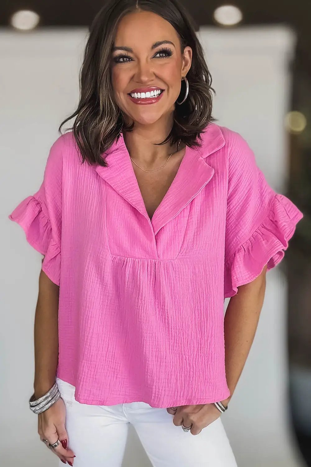 Grateful Threads Boutique Sachet Pink Textured Ruffled Sleeve Loose Fit Top - Blouses Sachet Pink Textured Ruffled Sleeve Loose Fit Top