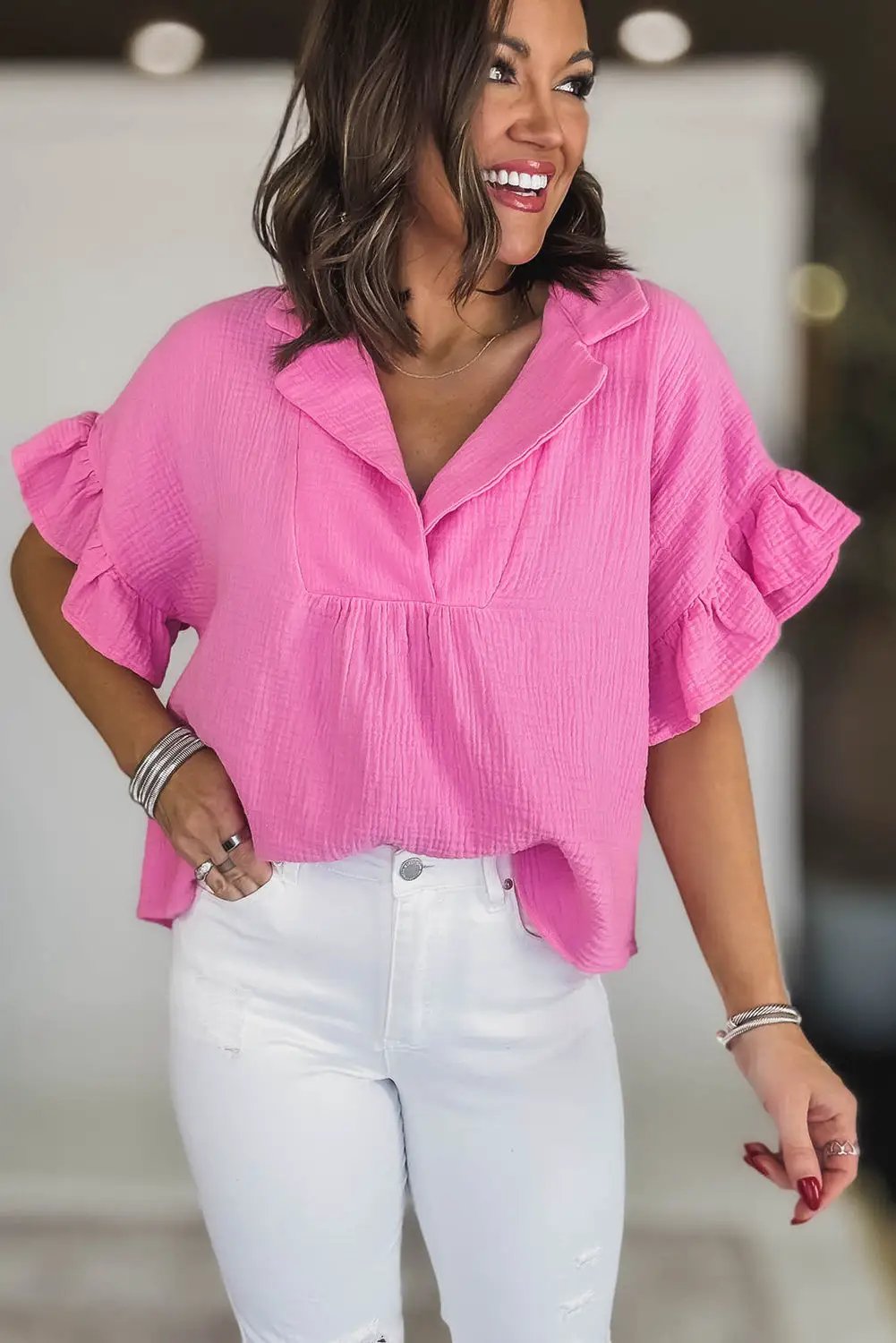 Grateful Threads Boutique Sachet Pink Textured Ruffled Sleeve Loose Fit Top - Blouses Sachet Pink Textured Ruffled Sleeve Loose Fit Top