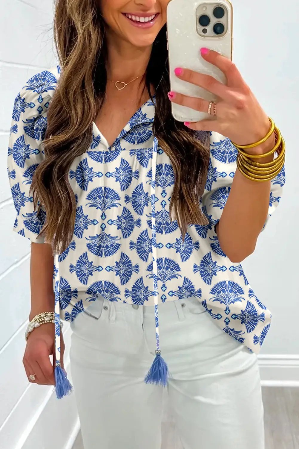 Grateful Threads Boutique Sky Blue Geometric Print Tassel Drawstring V-Neck Blouse - Blouses Sky Blue Geometric Print Tassel Drawstring V Neck Blouse