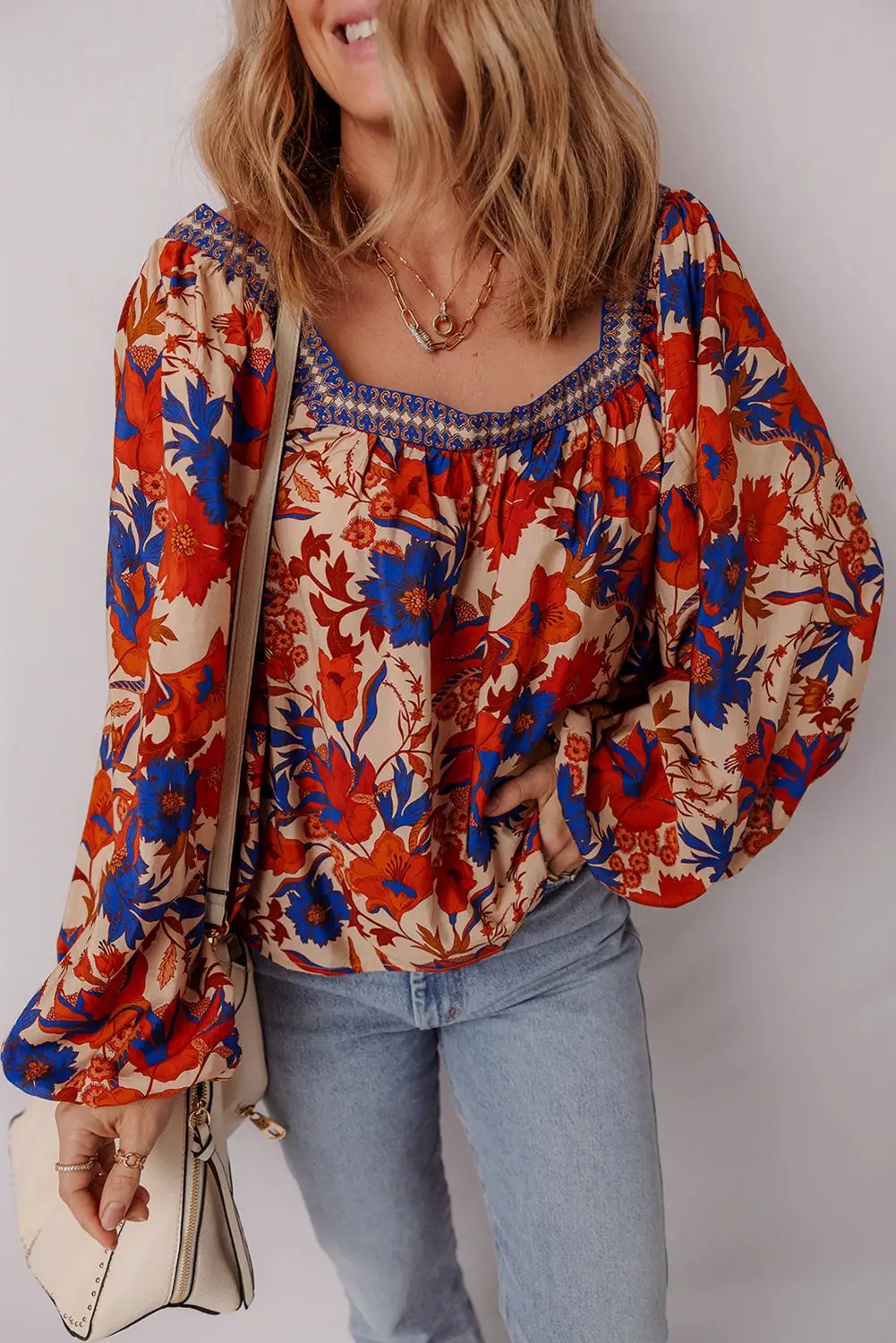 Grateful Threads Boutique Multicolor Floral Print Square Neck Backless Loose Fit Blouse - Blouses top-blouse