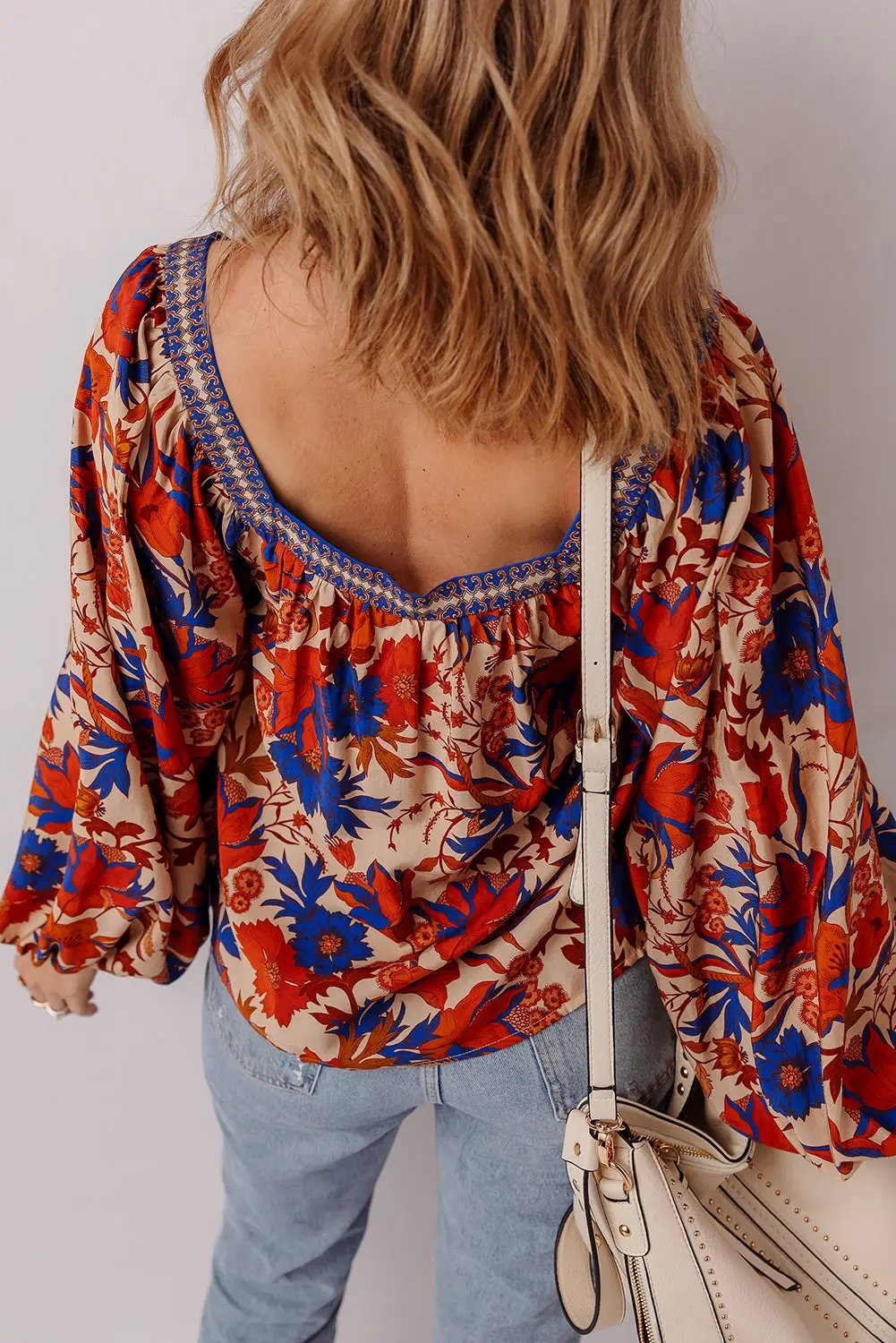 Grateful Threads Boutique Multicolor Floral Print Square Neck Backless Loose Fit Blouse - Blouses top-blouse