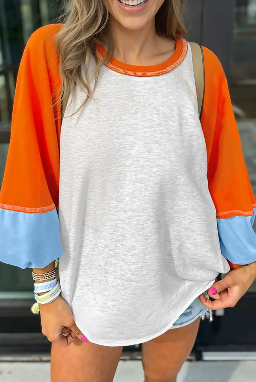 Grateful Threads Boutique Light Grey Color Block Raglan Sleeve Contrast Stitching Loose Fit Top - Sweatshirts Light Grey Color Block Raglan Sleeve Contrast Stitching Loose Fit Top