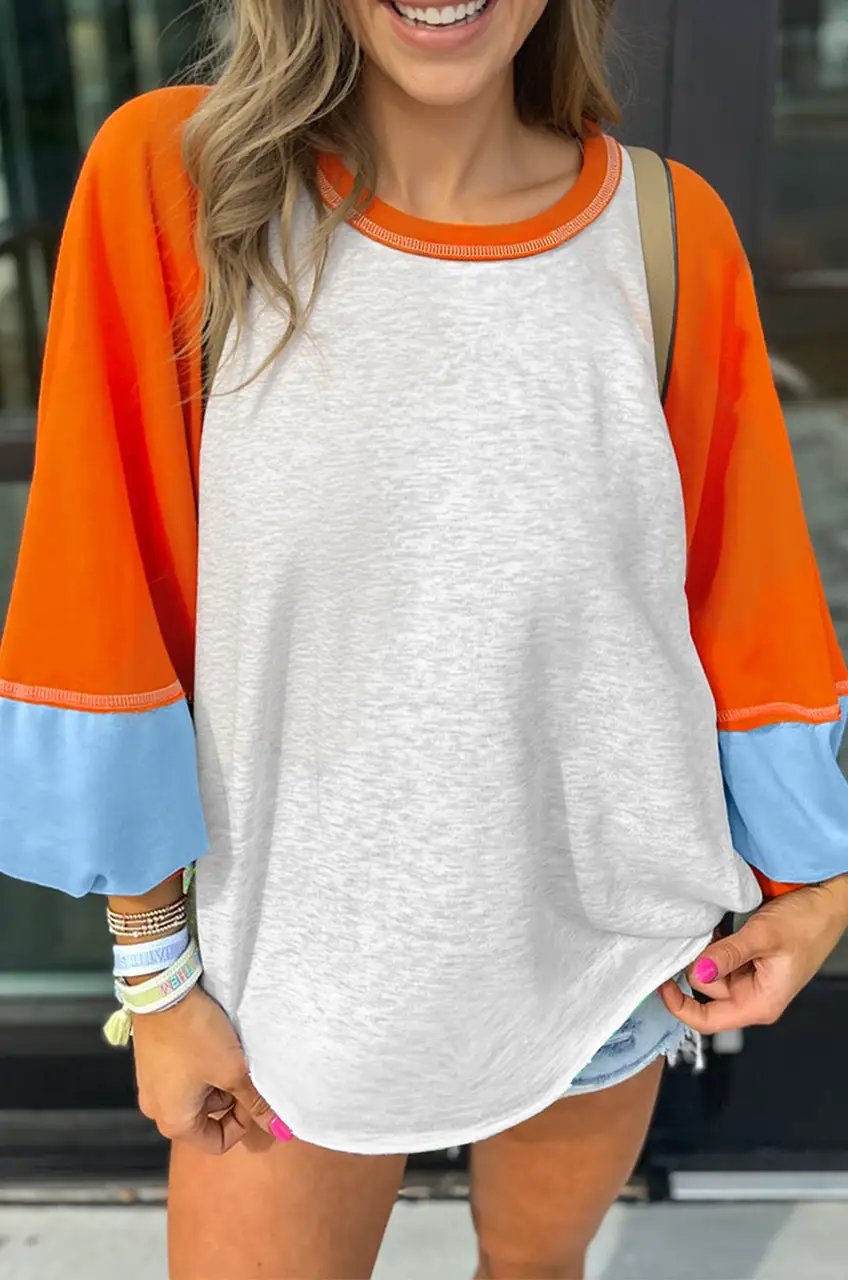 Grateful Threads Boutique Light Grey Color Block Raglan Sleeve Contrast Stitching Loose Fit Top - Sweatshirts Light Grey Color Block Raglan Sleeve Contrast Stitching Loose Fit Top