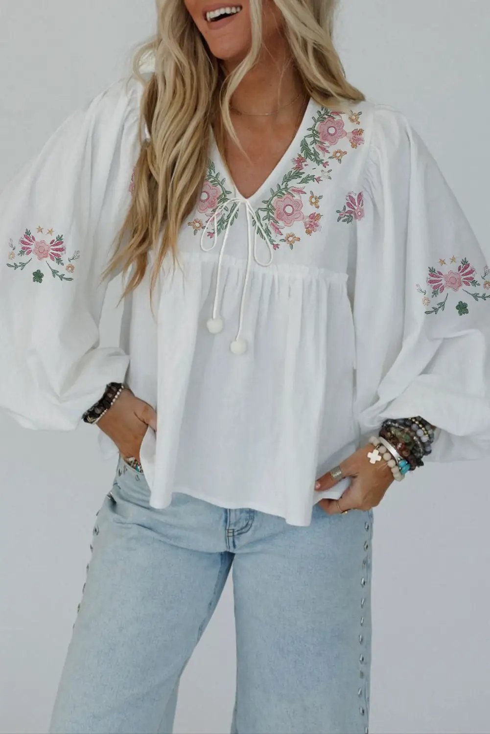 Grateful Threads Boutique White Flower Lace-up V Neck Babydoll Blouse - Blouses White Flower Lace-up V Neck Babydoll Blouse