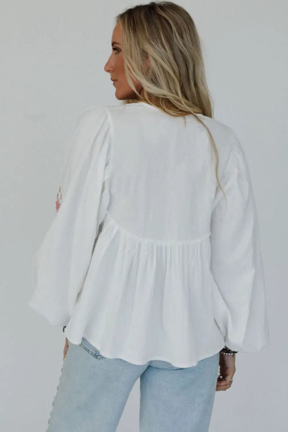 Grateful Threads Boutique White Flower Lace-up V Neck Babydoll Blouse - Blouses White Flower Lace-up V Neck Babydoll Blouse