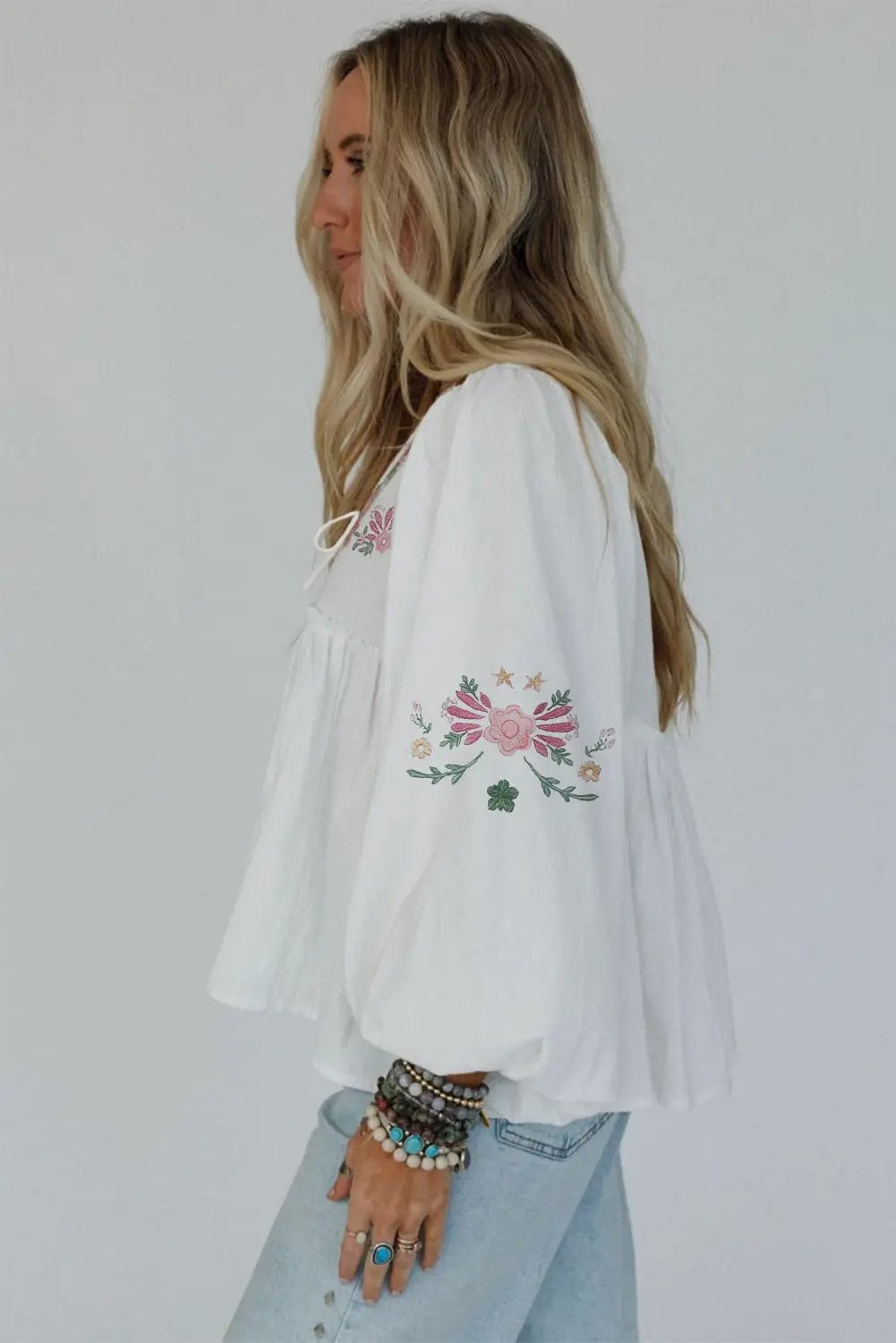 Grateful Threads Boutique White Flower Lace-up V Neck Babydoll Blouse - Blouses White Flower Lace-up V Neck Babydoll Blouse