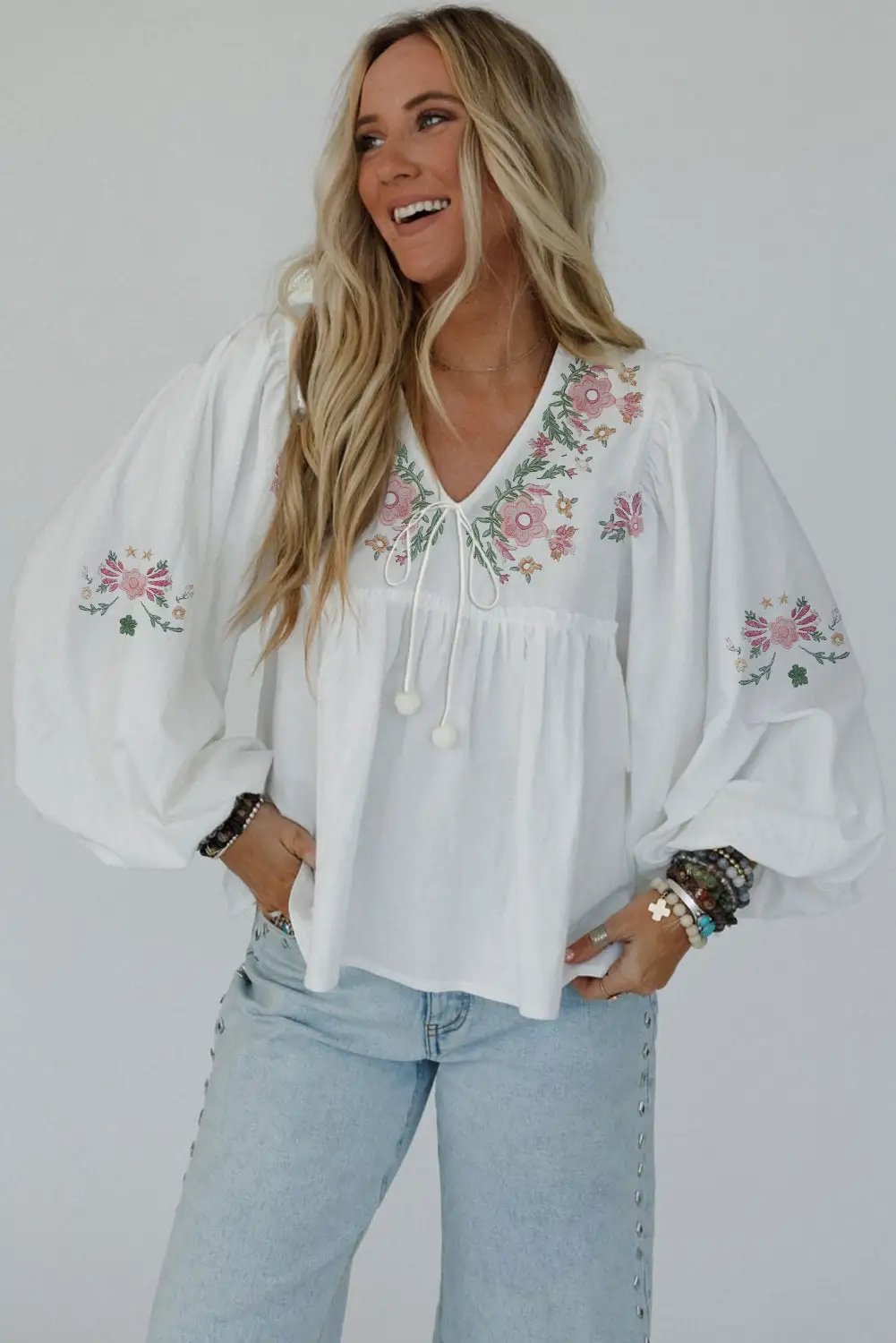 Grateful Threads Boutique White Flower Lace-up V Neck Babydoll Blouse - Blouses White Flower Lace-up V Neck Babydoll Blouse