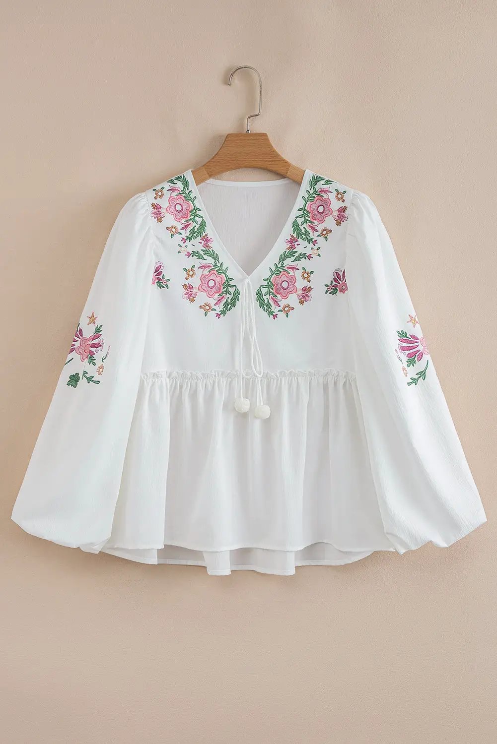 Grateful Threads Boutique White Flower Lace-up V Neck Babydoll Blouse - Blouses White Flower Lace-up V Neck Babydoll Blouse