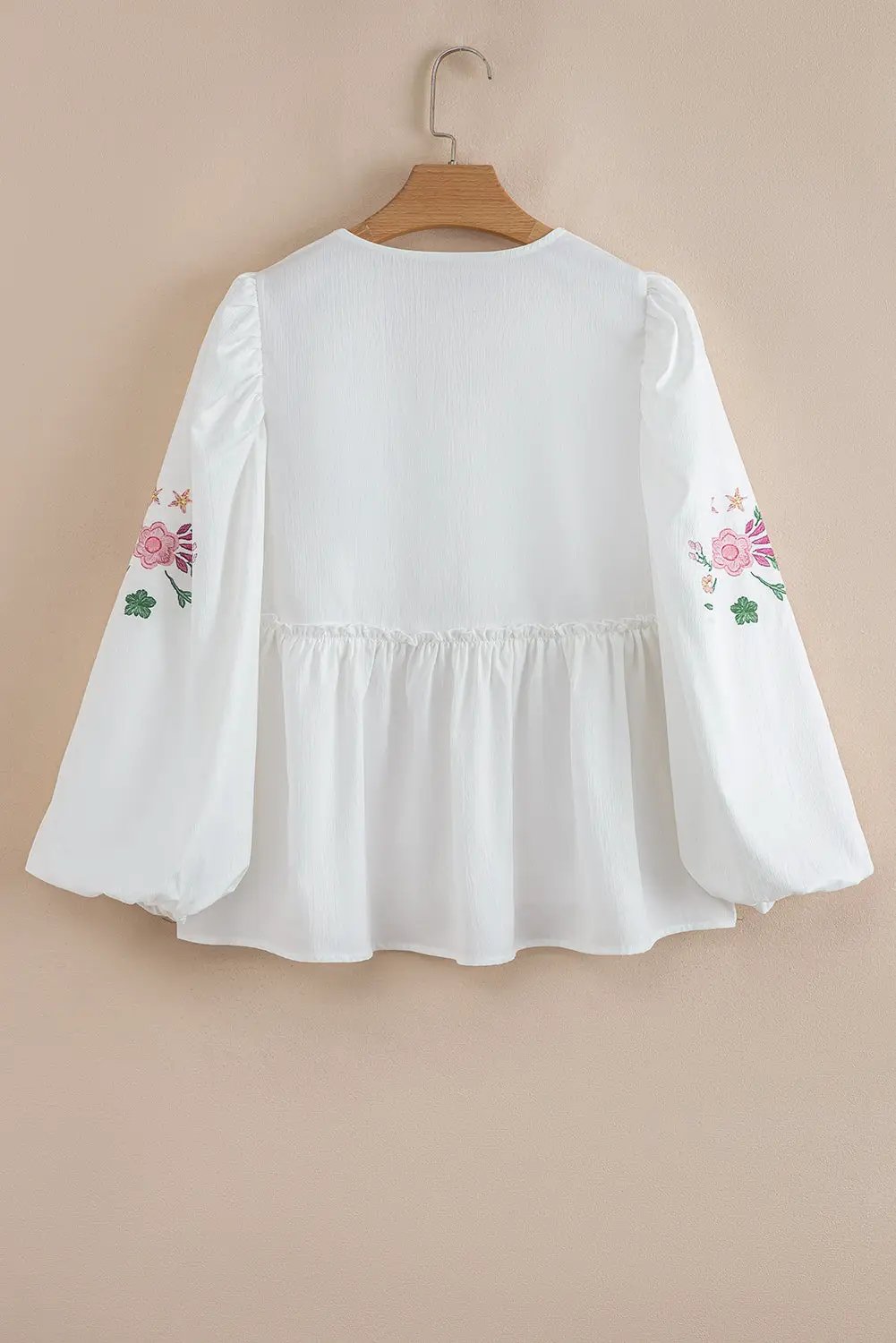 Grateful Threads Boutique White Flower Lace-up V Neck Babydoll Blouse - Blouses White Flower Lace-up V Neck Babydoll Blouse