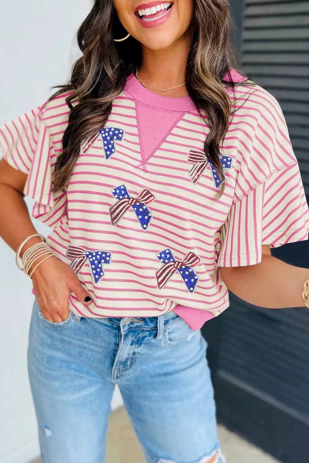 Grateful Threads Boutique “Stars, Stripes & Sass” Sequin Bow Ruffle Tee - Blouses