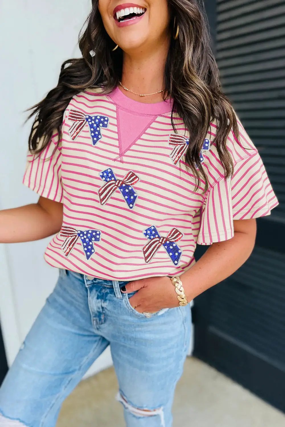 Grateful Threads Boutique “Stars, Stripes & Sass” Sequin Bow Ruffle Tee - Blouses
