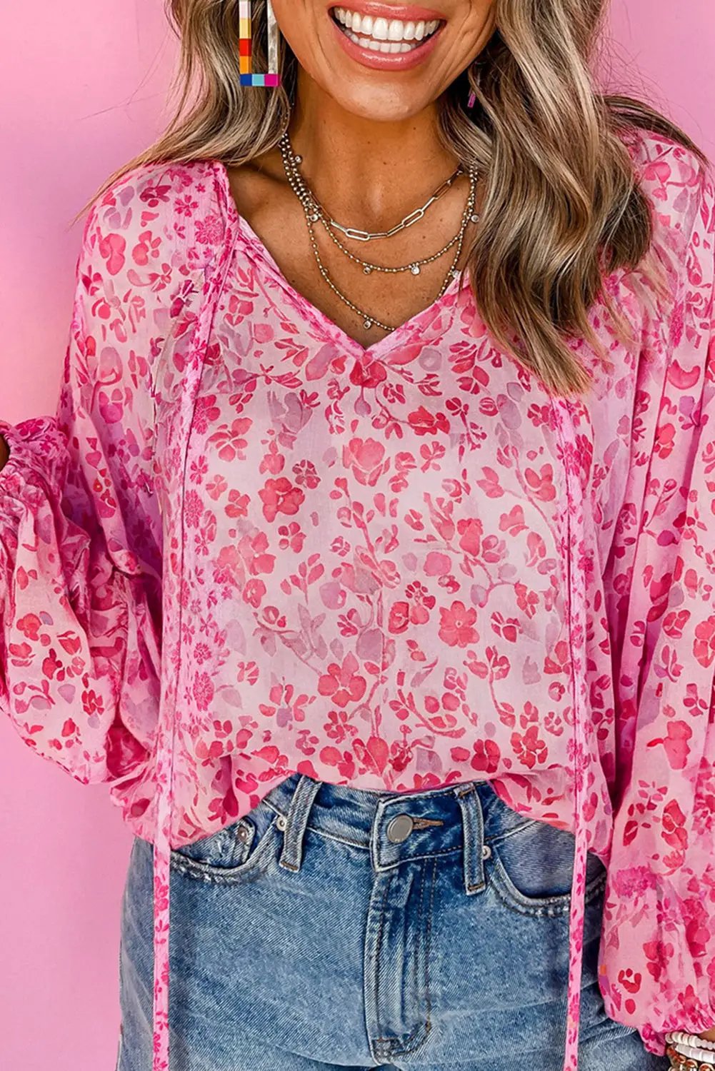 Grateful Threads Boutique Pink Floral Puff Sleeve Split Neck Lightweight Blouse - Blouses Pink Floral Puff Sleeve Split Neck Lightweight Blouse