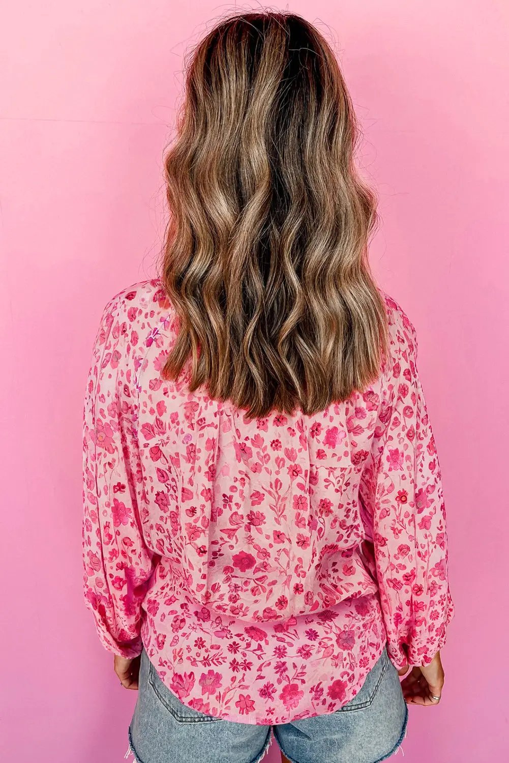 Grateful Threads Boutique Pink Floral Puff Sleeve Split Neck Lightweight Blouse - Blouses Pink Floral Puff Sleeve Split Neck Lightweight Blouse
