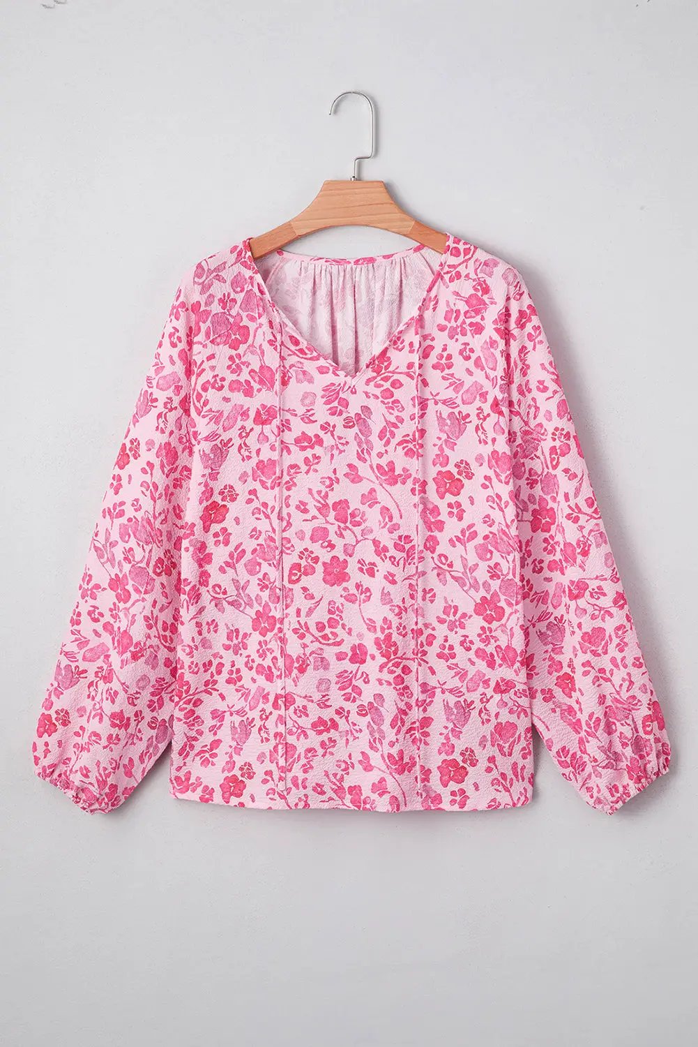 Grateful Threads Boutique Pink Floral Puff Sleeve Split Neck Lightweight Blouse - Blouses Pink Floral Puff Sleeve Split Neck Lightweight Blouse