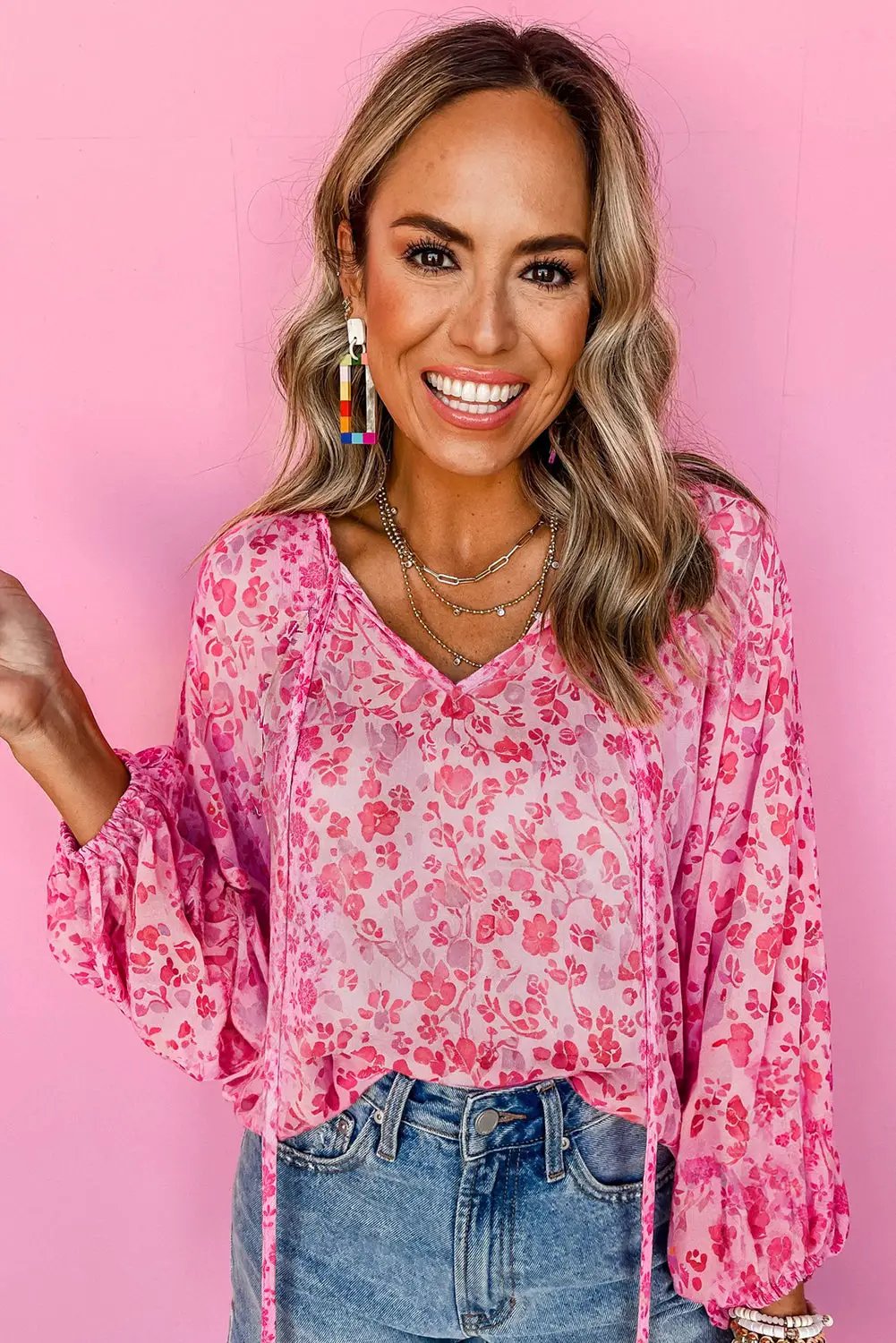 Grateful Threads Boutique Pink Floral Puff Sleeve Split Neck Lightweight Blouse - Blouses Pink Floral Puff Sleeve Split Neck Lightweight Blouse