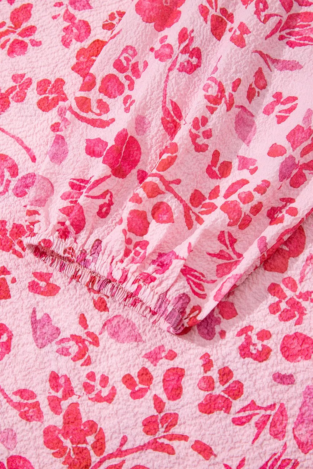 Grateful Threads Boutique Pink Floral Puff Sleeve Split Neck Lightweight Blouse - Blouses Pink Floral Puff Sleeve Split Neck Lightweight Blouse