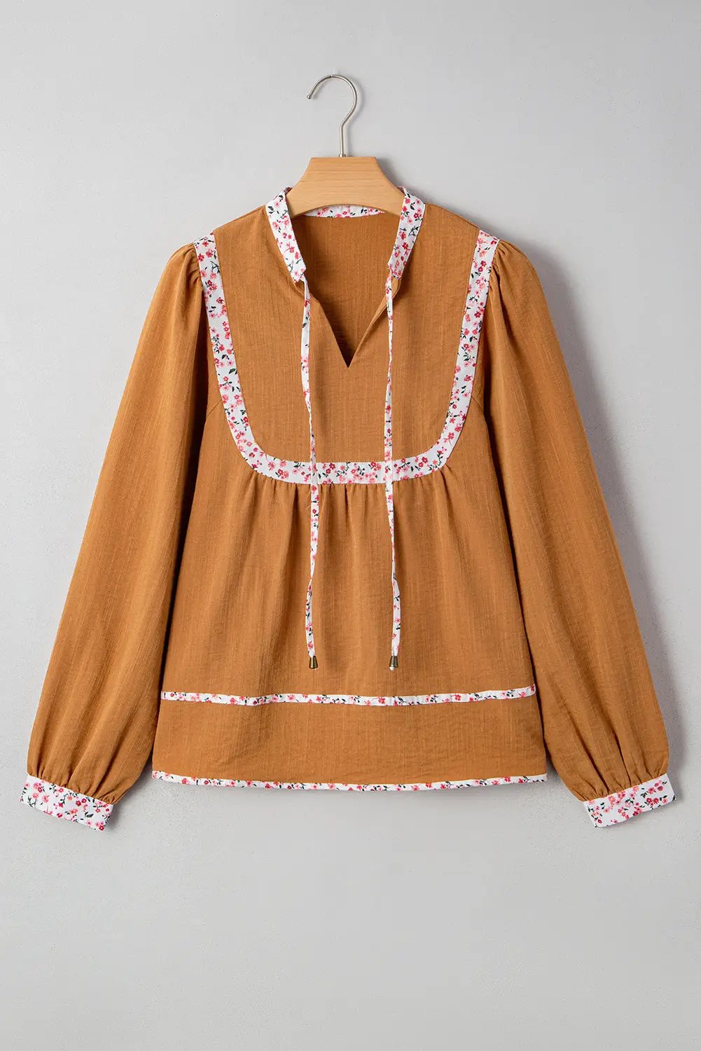 Grateful Threads Boutique Straw Yellow Split Neck Pleated Floral Trim Long Puff Sleeve Blouse - Blouses top-blouse