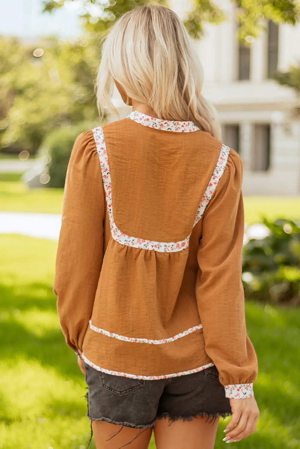 Grateful Threads Boutique Straw Yellow Split Neck Pleated Floral Trim Long Puff Sleeve Blouse - Blouses top-blouse