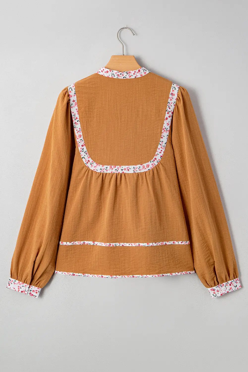 Grateful Threads Boutique Straw Yellow Split Neck Pleated Floral Trim Long Puff Sleeve Blouse - Blouses top-blouse