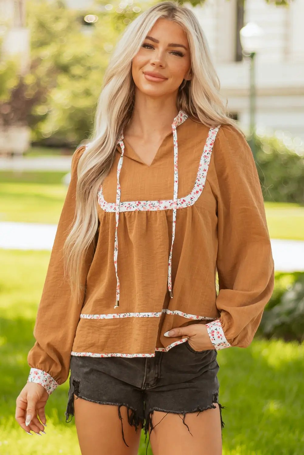 Grateful Threads Boutique Straw Yellow Split Neck Pleated Floral Trim Long Puff Sleeve Blouse - Blouses top-blouse
