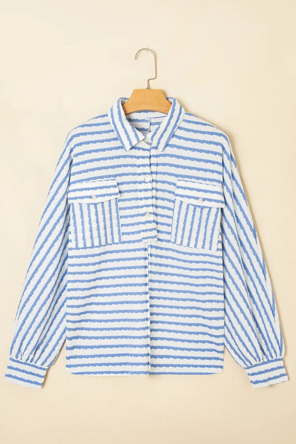 Grateful Threads Boutique Sky Blue Stripe Half Button Collared Chest Pockets Loose Fit Blouse - Blouses Sky Blue Stripe Half Button Collared Chest Pockets Loose Fit Blouse