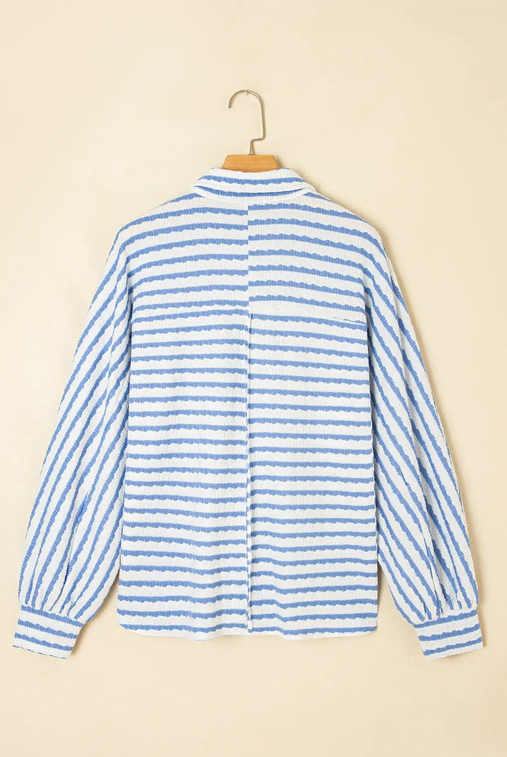 Grateful Threads Boutique Sky Blue Stripe Half Button Collared Chest Pockets Loose Fit Blouse - Blouses Sky Blue Stripe Half Button Collared Chest Pockets Loose Fit Blouse