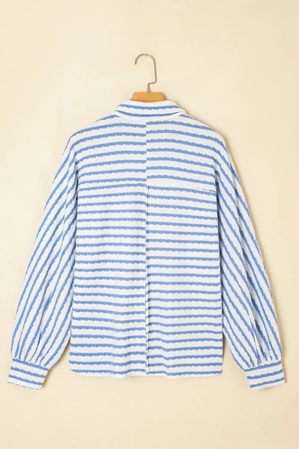 Grateful Threads Boutique Sky Blue Stripe Half Button Collared Chest Pockets Loose Fit Blouse - Blouses Sky Blue Stripe Half Button Collared Chest Pockets Loose Fit Blouse