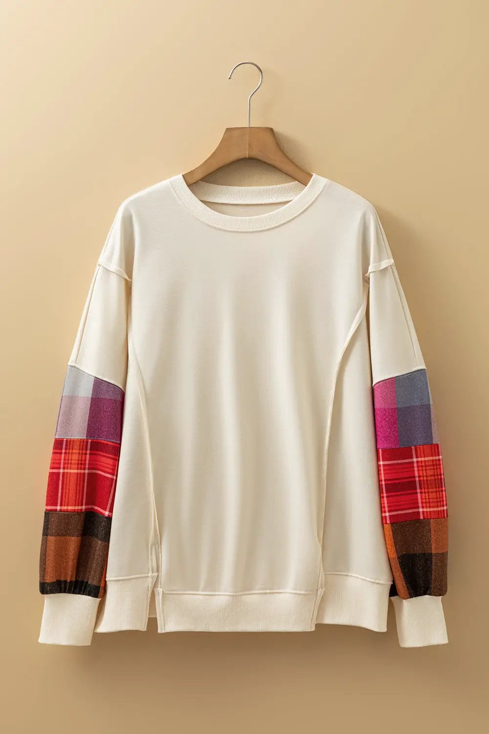 Grateful Threads Boutique Beige Contrast Plaid Long Sleeve Exposed Seam Patchwork Top - Shirts Beige Contrast Plaid Long Sleeve Exposed Seam Patchwork Top