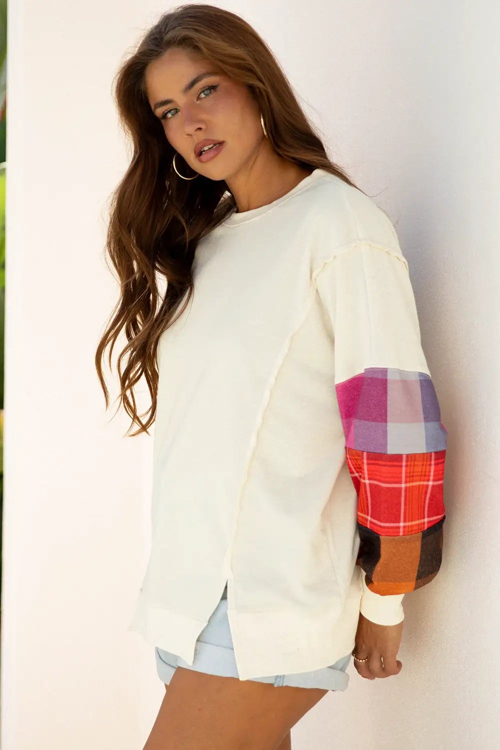 Grateful Threads Boutique Beige Contrast Plaid Long Sleeve Exposed Seam Patchwork Top - Shirts Beige Contrast Plaid Long Sleeve Exposed Seam Patchwork Top